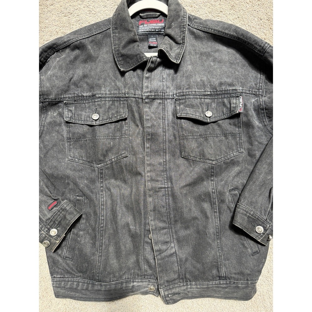 FUBU Jacket Mens Xl Black Denim Hip Hop Streetwear Y2K Jean Trucker Work Coat